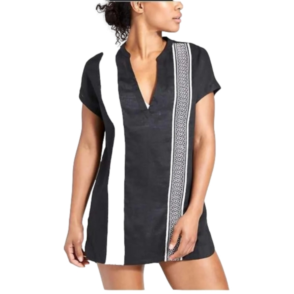 ATHLETA Black Column Embroidered Beach Pool Cover Up Linen Oversized XXS